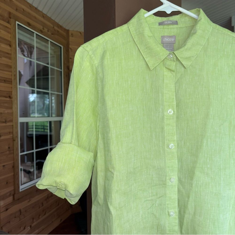 Chico's 100% Linen Button Down Shirt Women M Light Green Casual Long Roll Sleeve
